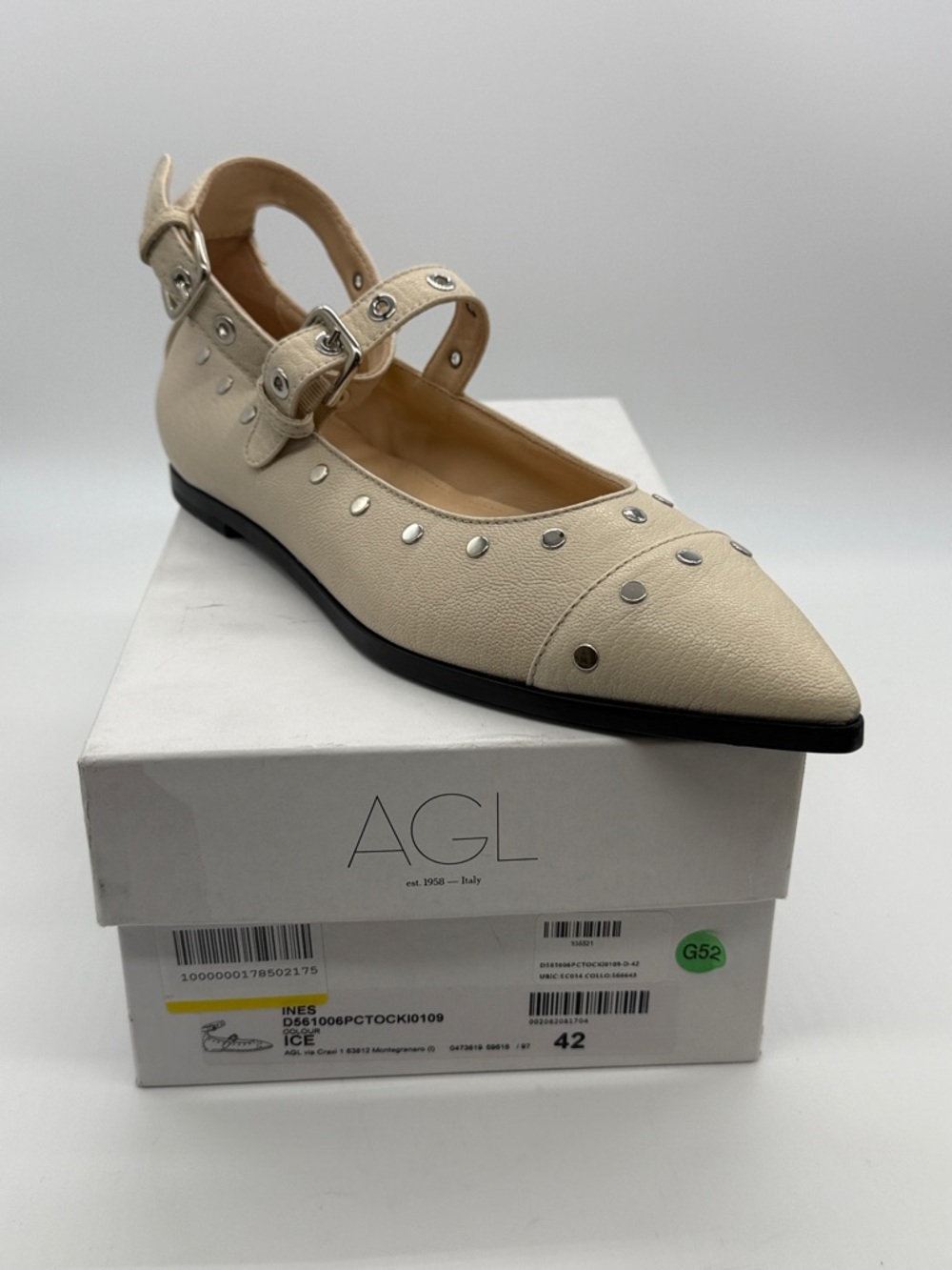AGL Cream Studded Pointed-Toe Mary Jane Flat
